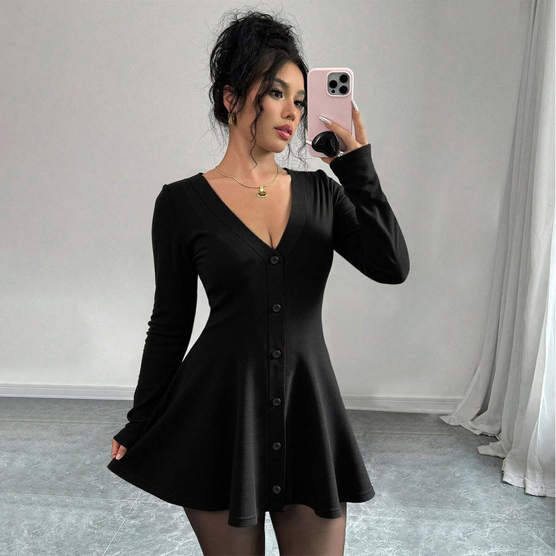 European and American 2026 Spring/Summer New Women's Knit Floral Hem V-Neck Chanel-Style Long-Sleeve Solid Color Mini Dress European and American 2026 Spring/Summer New Women's Knit Floral Hem V-Neck Chanel-Style Long-Sleeve Solid Color Mini Dress