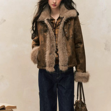 原创设计秋冬新款美式复古外套棕色修身皮毛拼接外衣女