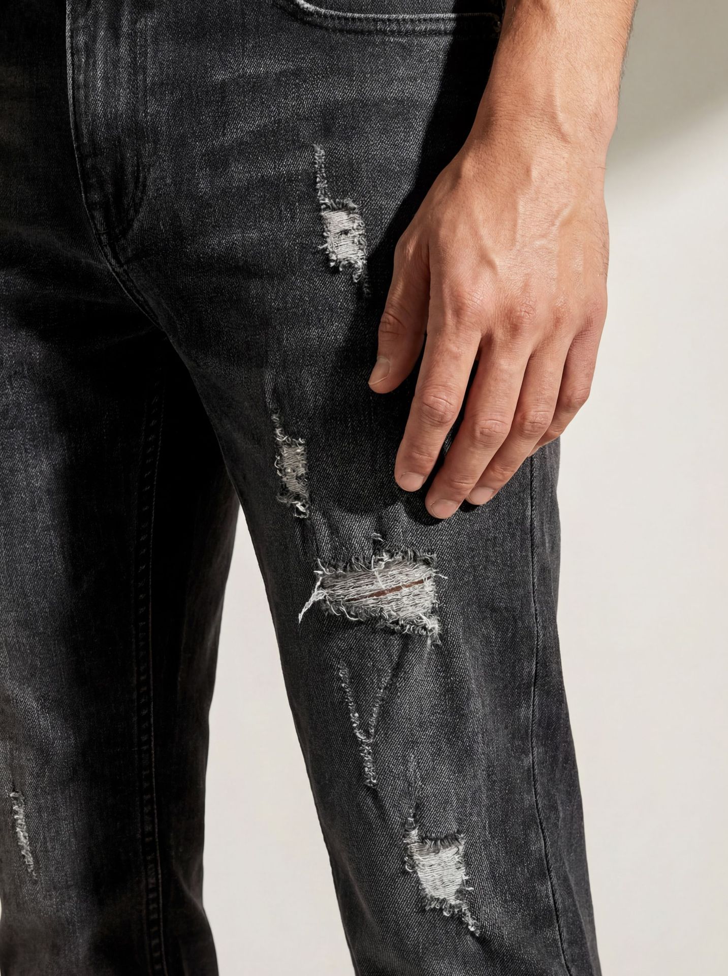 Men's Slim Fit Jeans Fashion Trend Elastic Patch Denim Trousers Mid Waist Black Long Casual Cotton Pants_mkmklike.com