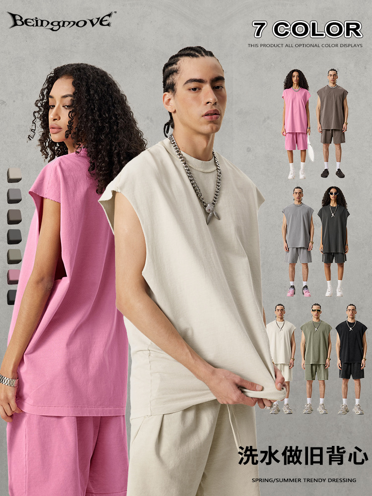 2025 verano americano retro hacer viejas camisetas sin mangas de alta calle Batik hombre chaleco de hombro de cuello redondo hombre y mujer pareja