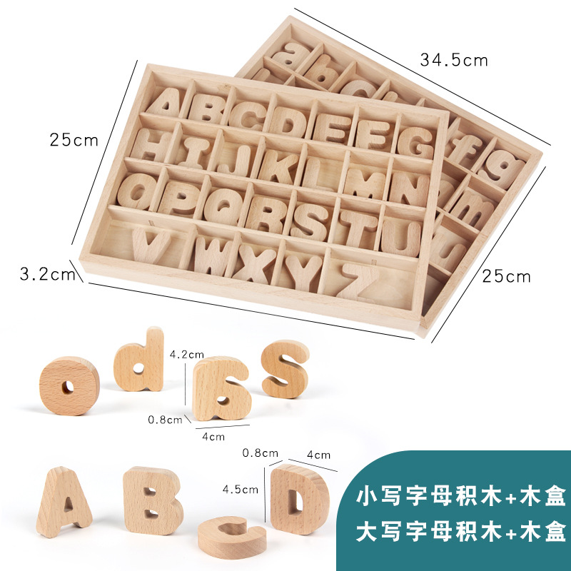 Bloques de madera de beech Monty 26 letras mayúsculas y minúsculas juegos de enseñanza cognitiva al por mayor