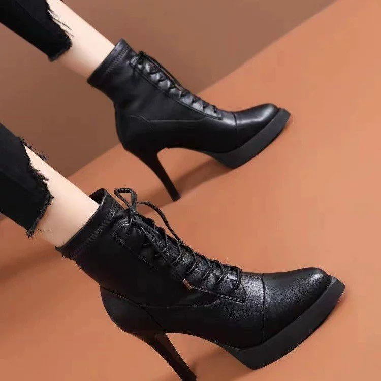 Ботфорты на высоком каблуке укороченные женские на европейских и американских ремешках тонкие сапоги сетчатые Красные сексуальные остроносые тонкие носки на толстой подошве ботинки Martin непромокаемый столик