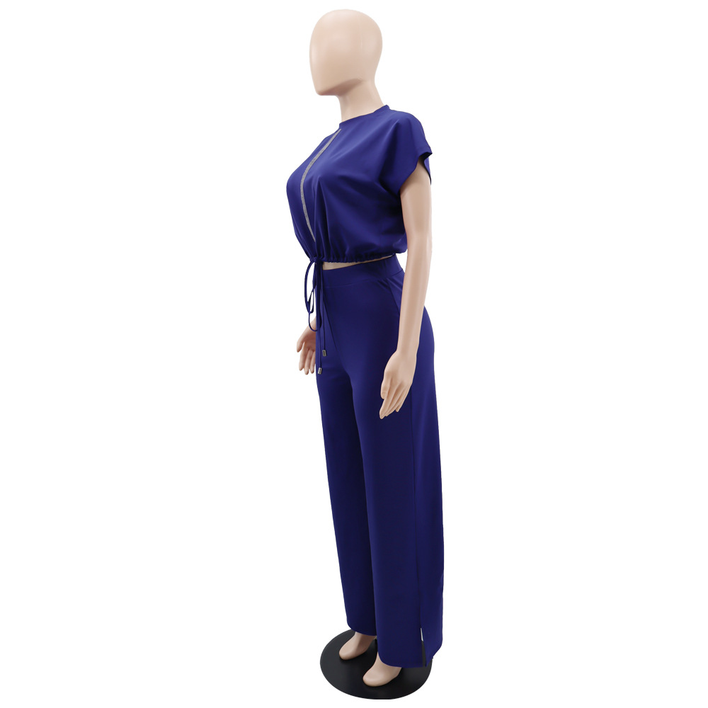 Summer Drawstring Short Top High Waist Slit Women Trousers Two Piece Suit
