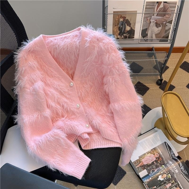 Suéter glutinoso suave de la borla para las mujeres 2023 primavera y otoño nuevo estilo de piel sintética visón suéter con cuello en V cardigan corto abrigo de moda para las mujeres