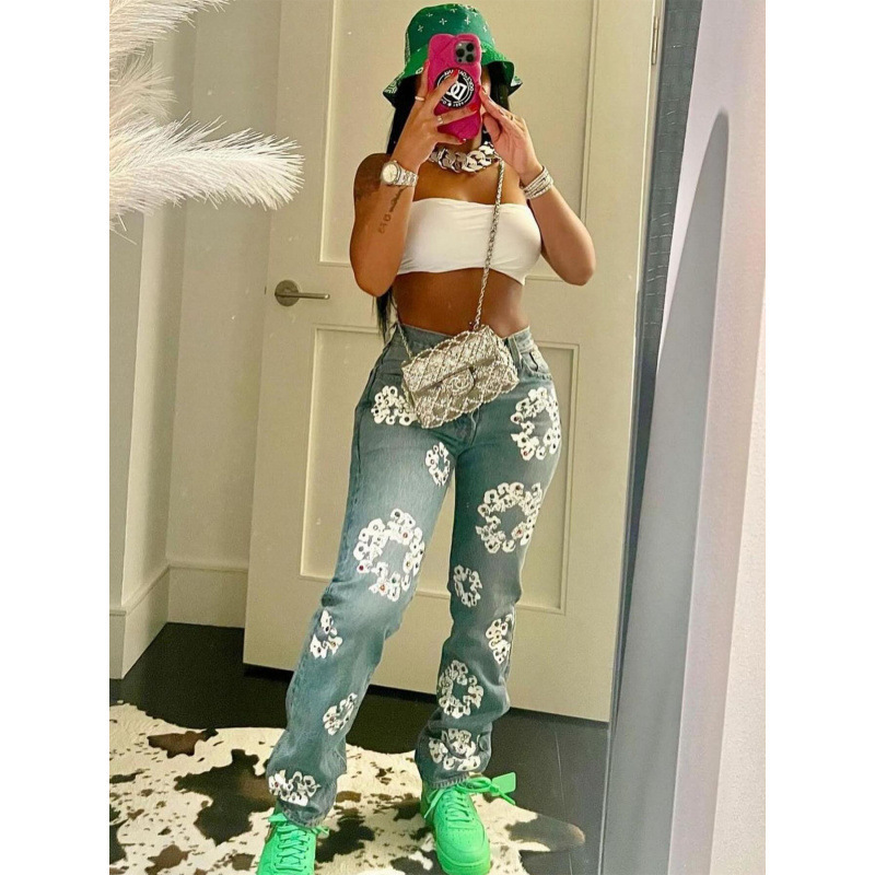 HR23123欧美时尚女装弹力牛仔面料木棉花印花牛仔长裤舒适休闲