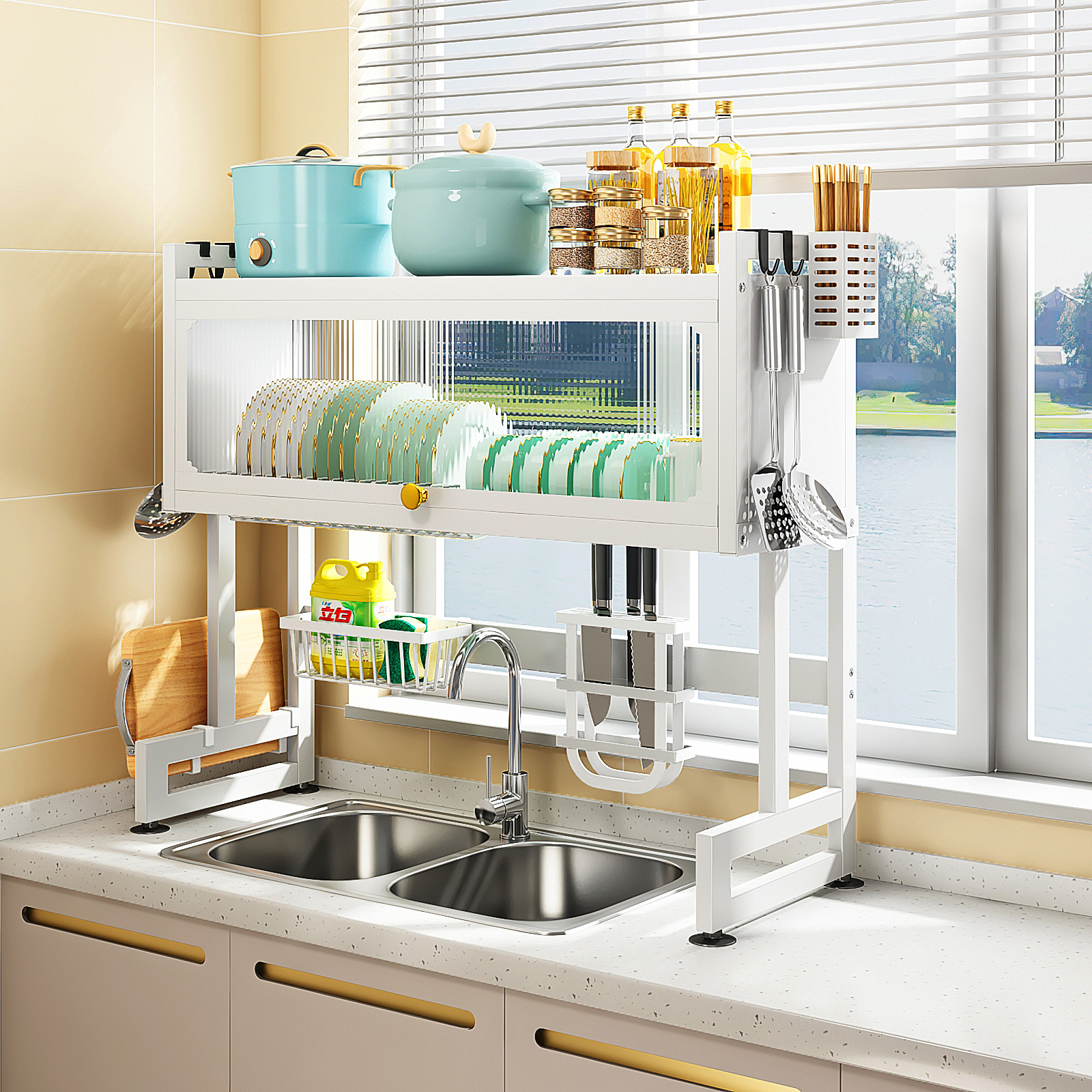 Rack de almacenamiento palillos de la cocina cesta estante del Tazón estante del fregadero hogar a prueba de polvo Almacenamiento de cocina palillos cuchillo tazón plato organizador rack