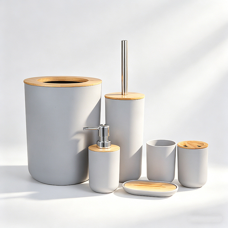 Kit de baño set de artículos de higiene set botella de desinfectante de manos cepillo de dientes taza cepillo de inodoro bote de basura set de 6 piezas image 17