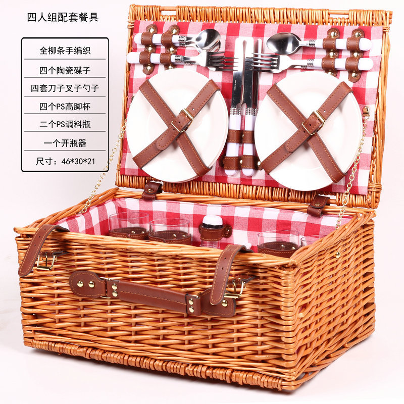 Cesta de picnic de sauce cesta de picnic para cuatro personas cesta de picnic hecha a mano con tapa cesta de picnic cesta de almacenamiento al aire libre