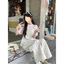 休闲时尚套装女夏季2025新款减龄气质碎花牛仔背带裤高腰直筒长裤