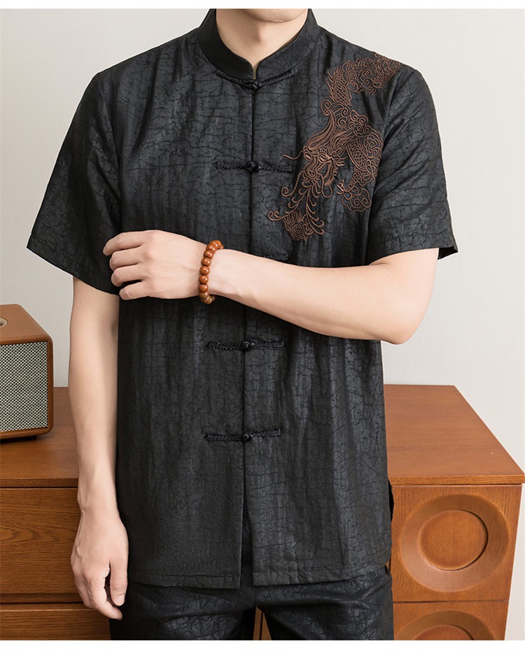 Áo sơ mi nữ tay ngắn cổ đứng lụa tơ tằm phong cách vintage — Da đen 8849 chi tiết 11
