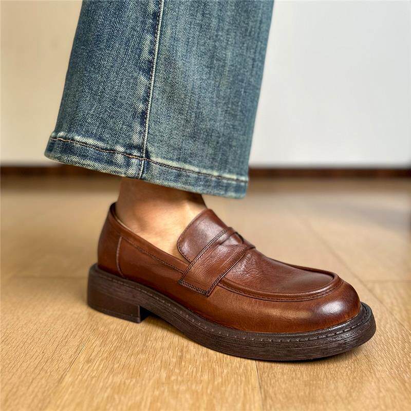 Giày lười nữ da thật Anh, mũi tròn, gót thấp 3–5 cm, đế bằng — màu đen chi tiết 13