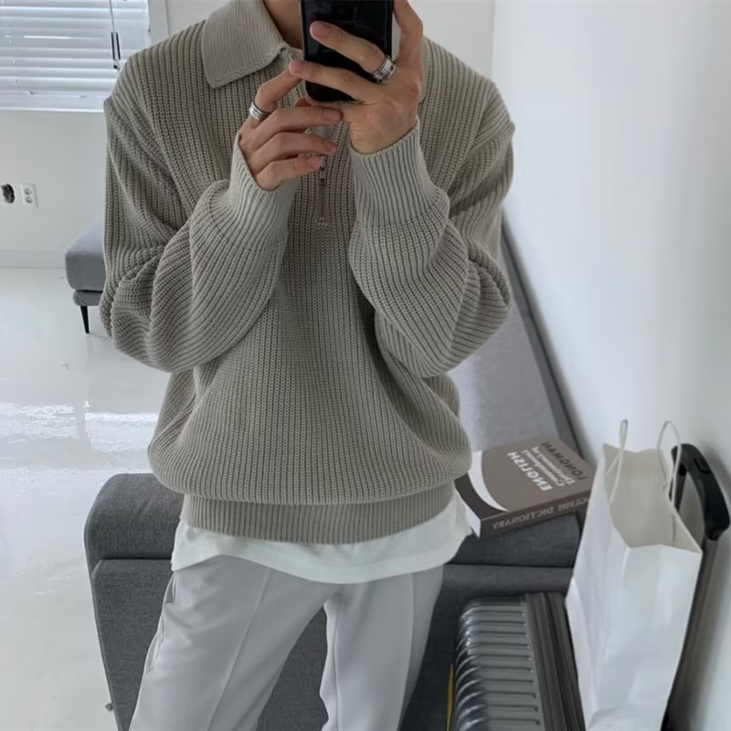 Japanese-Inspired Half-Zip Knit Sweater – Oversized Relaxed Pullover With Stand Collar (M-3XL, Beige/Gray/Black)_voghion.com