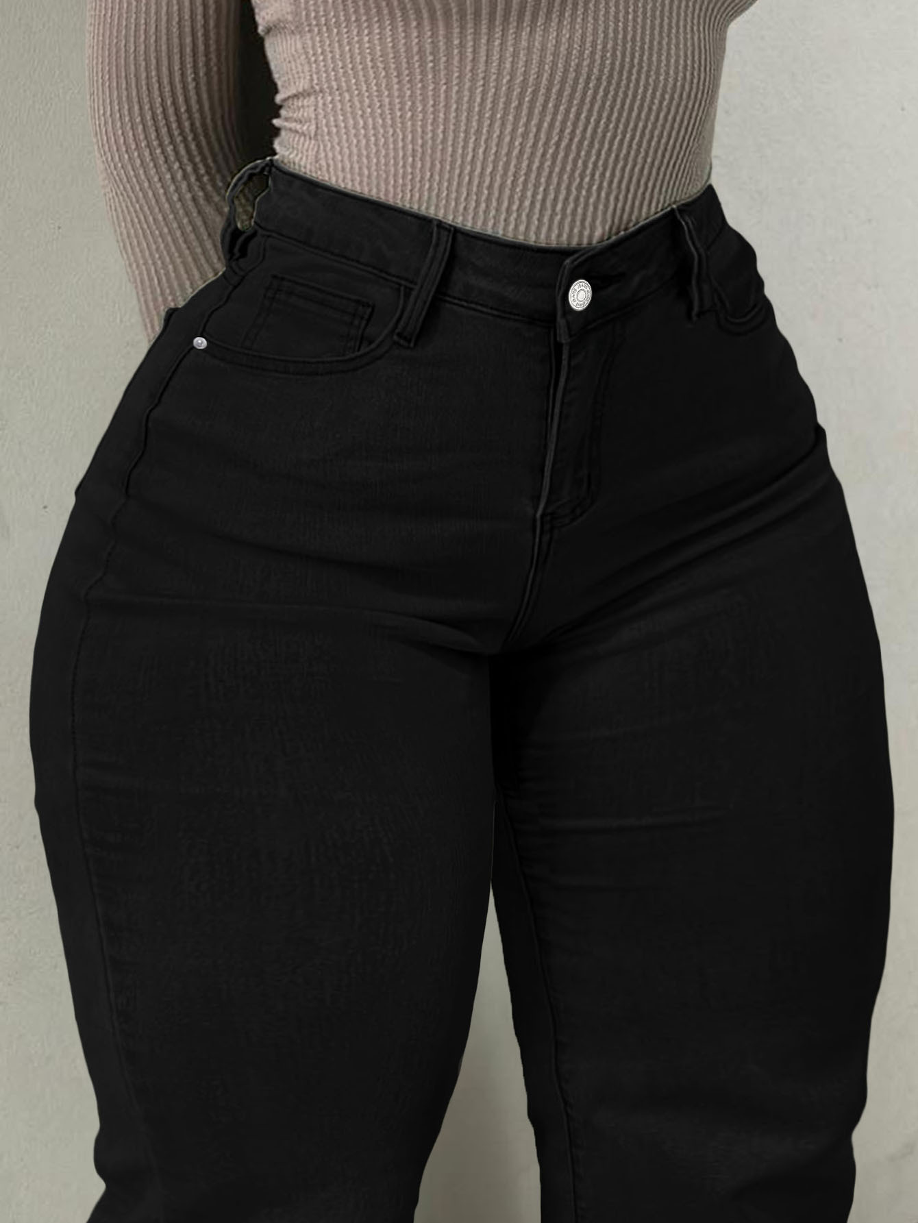 Women's Clothing Plus Size Jeans, High Waisted Flared Denim, Solid Color, Street Style, High Elasticity, Slim Fit, With Pockets._ecoleips.com
