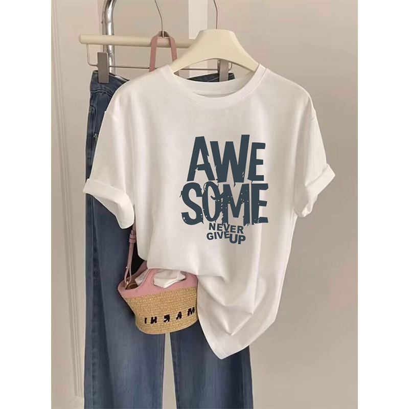 2026 New Women's Fashion Right-Shoulder Pure Cotton Short-Sleeve T-Shirt, Korean Style, Trendy, Versatile, Age-Reducing, White Top for Summer