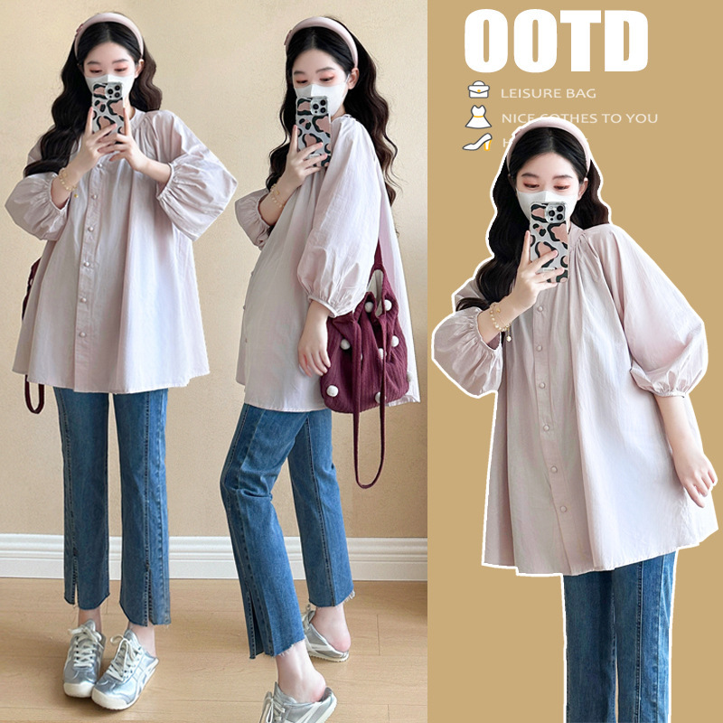 2025 Spring New Maternity Shirt Fashionable Puff Sleeve Versatile Loose Casual Belly-Covering Slimming Top