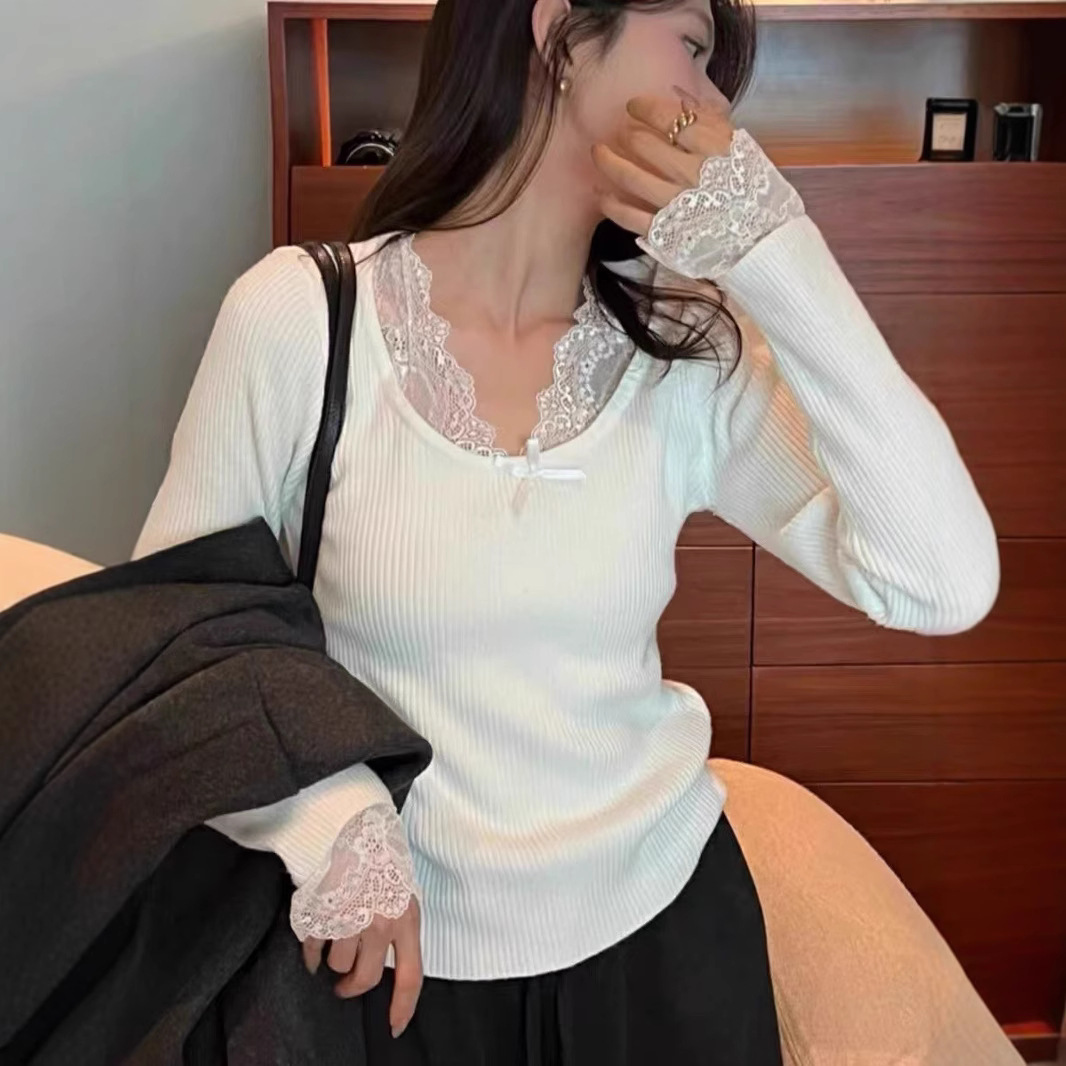 하이 엔드 레이스 바느질 긴팔 스웨터 여성의 가을과 겨울 새로운 서양식 슬림 핏 내부 우아한 가짜 투피스 탑