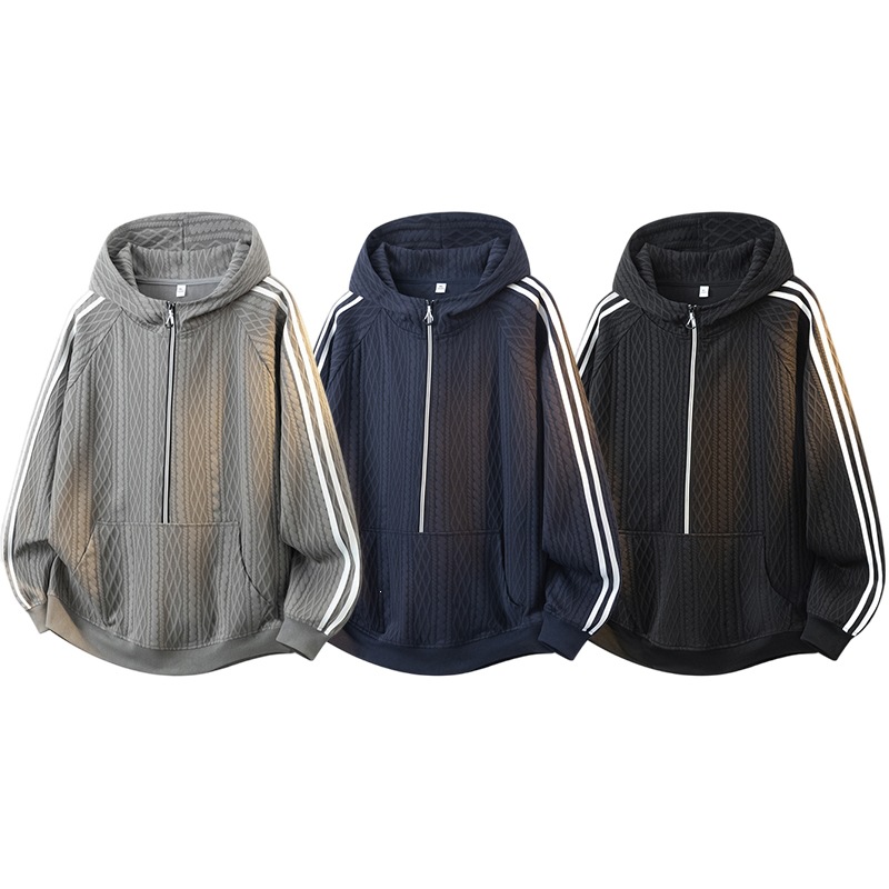 American-style hooded sweatshirt for men, new striped sports loose top with half-zip for spring and autumn