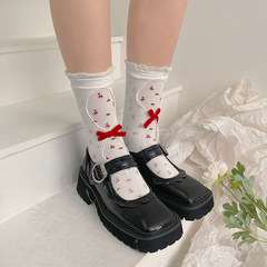 INS-design small rose-printed hollow-out double-layer socks with flocking bow and lace—delicate short socks for girls, perfect for Lolita style