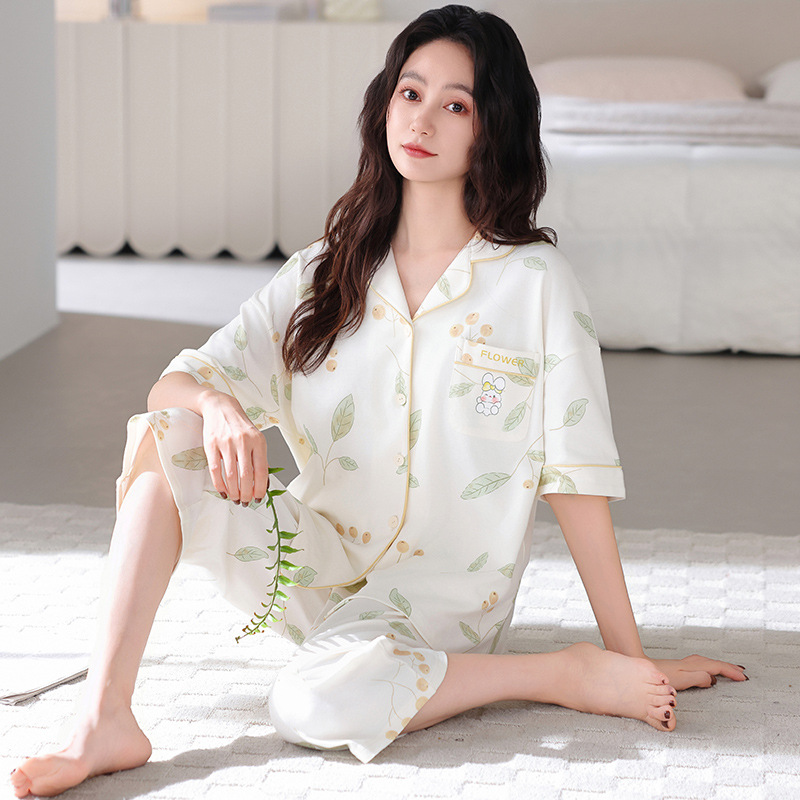 Pijama de algodón delgado para mujeres de verano de manga corta set de pantalones de siete puntos de lazos de mediana edad y la ropa del hogar de verano más grande
