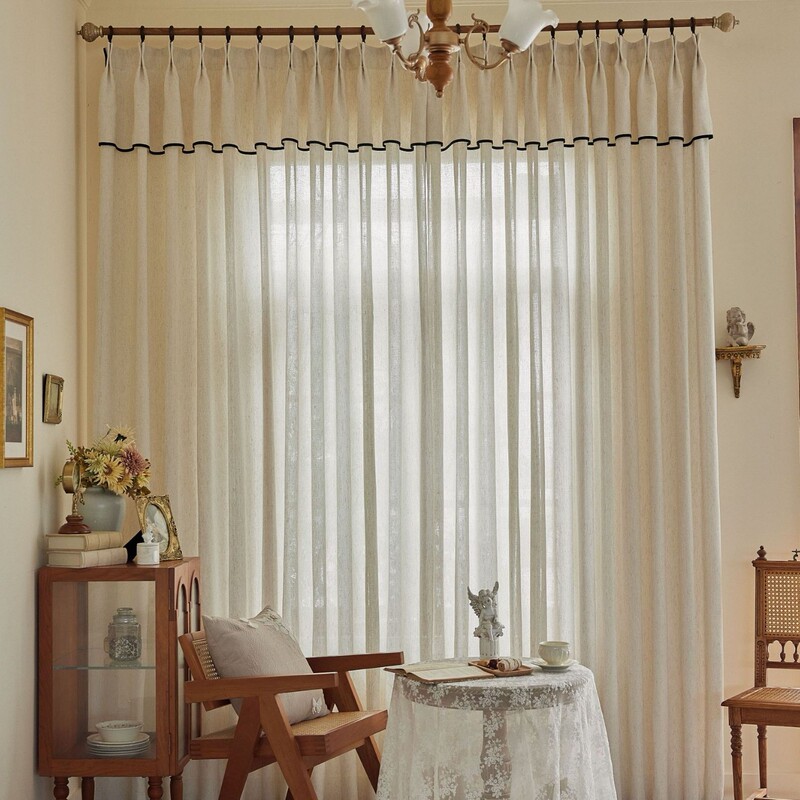 French Flax Cotton Linen Yarn Cream Black Edge Yarn Curtain Screen Window Screen Transparent and Impervious Living Room Bedroom Bay Window