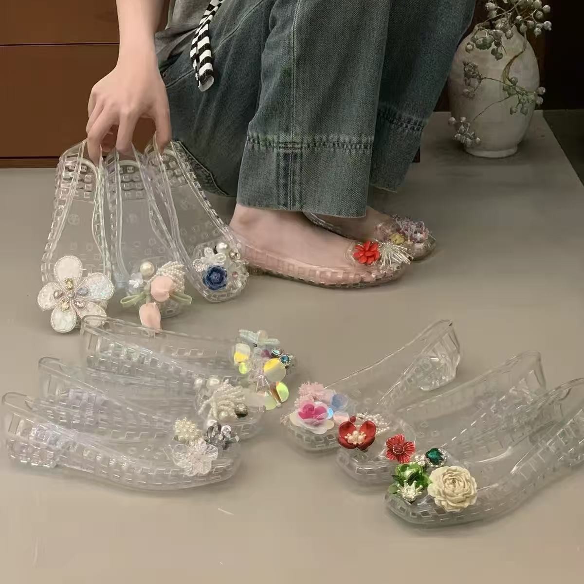 Sandalias de Gelatina con Flores PVC Secado Rápido Transpirable