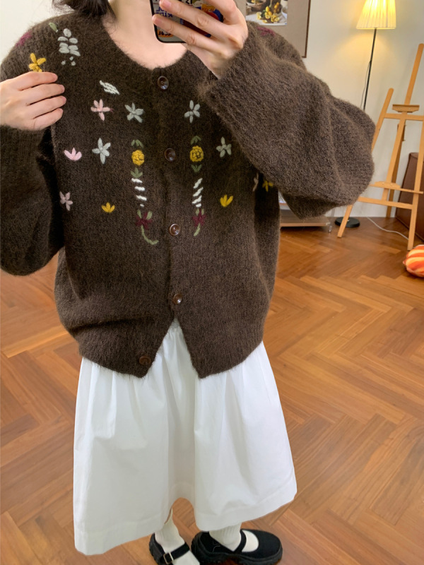 复古重工绣花含羊毛开衫毛衣女2025秋冬新款韩系宽松慵懒针织外套|undefined