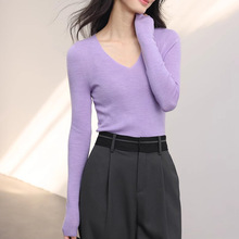 18针无缝精纺V领打底衫100羊毛衫显瘦春秋长袖针织衫百搭上衣女