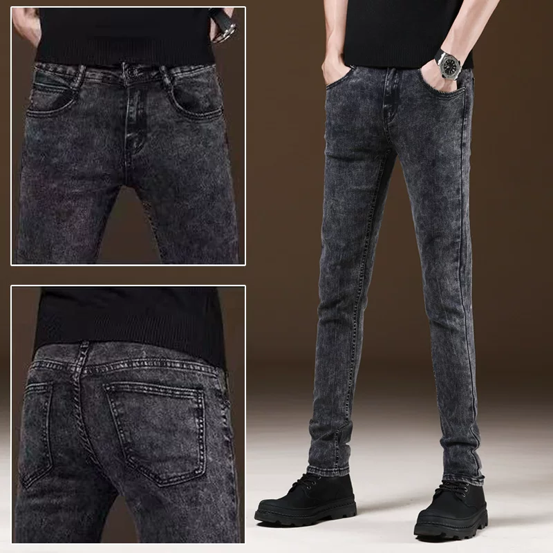 Весенние джинсы, эластичные трендовые брюки, со снежинками, slim fit
