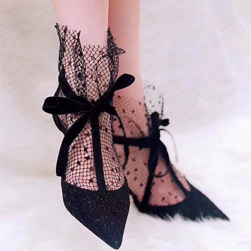 Sexy Pointed-Toe Lace High Heels Shoes Flat-Top Lace-Up Thin Heel Shoes Banquet Breathable Bow Mesh High Heel Shoes