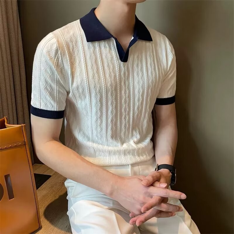 Herren Eis Seide Strickpolo Slim Fit Kurzarm Sommer Pullover_voghion.com