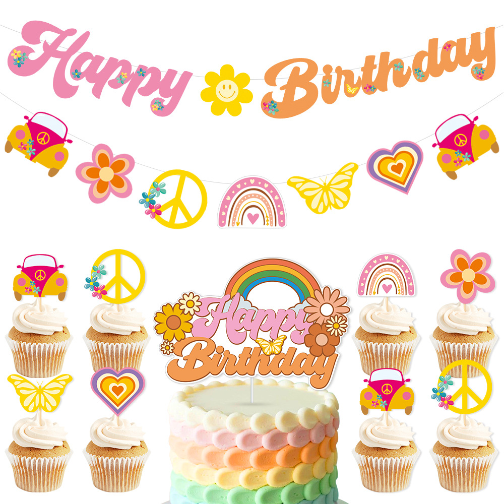 Amazon nuevo hippie bohemio tema Feliz cumpleaños fiesta decoración pull bandera tarjeta inserción