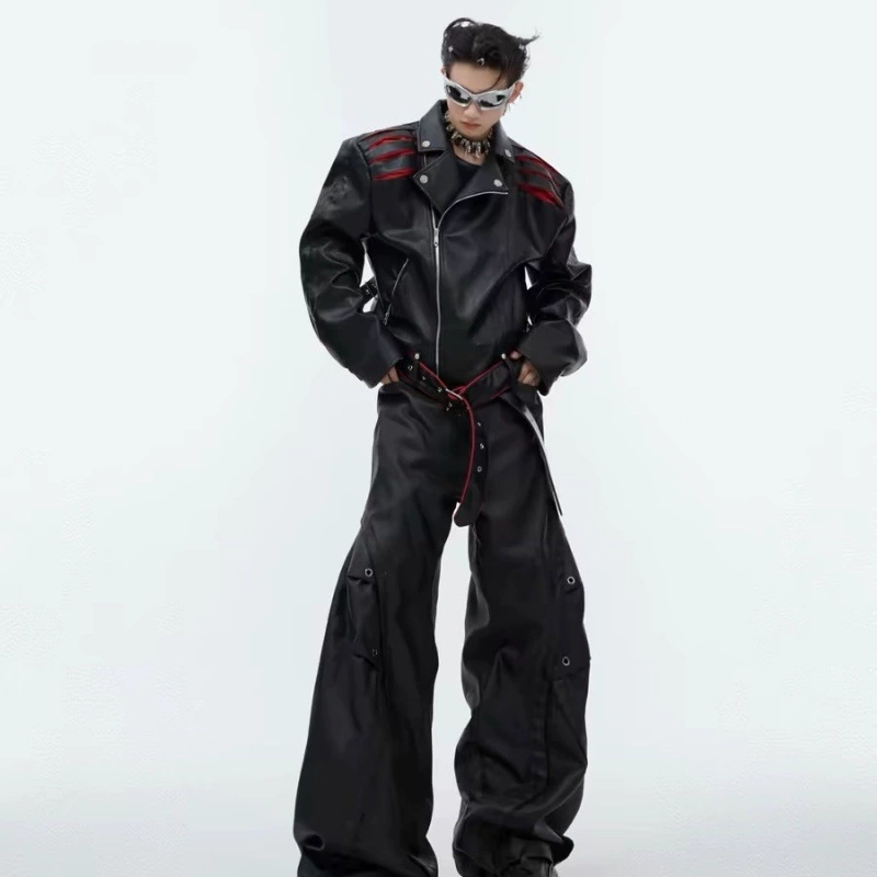 Niche deconstructed spinal compression pleated design short leather jacket heavy industry splicing high-end motorcycle jacket