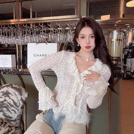 白色v领蕾丝微透衬衫女春装配大衣内搭气质修身短款上衣别致衬衣