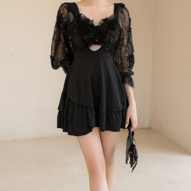 Traje de baño de las mujeres nueva manga larga ins estilo vestido de una pieza sexy encaje cintura alta adelgazamiento traje de baño de vacaciones de primavera caliente