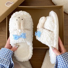 可爱小兔子蝴蝶结毛毛拖鞋女外穿2025秋冬季新款踩屎感休闲棉拖鞋