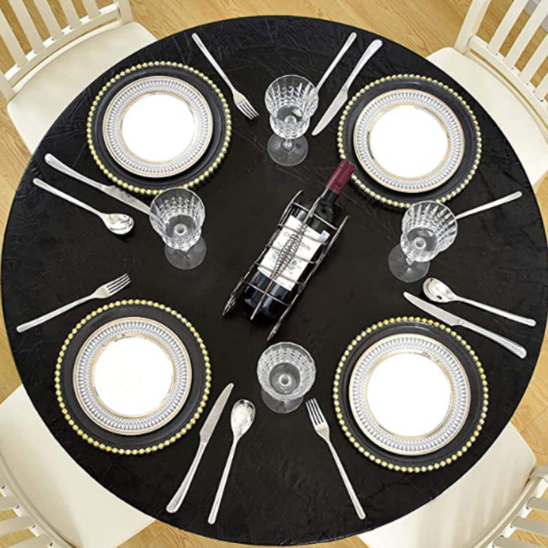 Mantel redondo de PVC transfronterizo impermeable y a prueba de aceite forrado de vellón grueso transparente impreso mantel de plástico banda elástica mantel de grano de madera