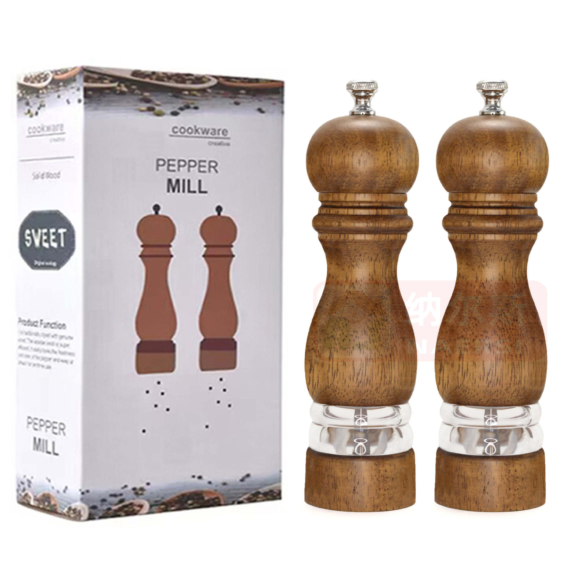  Molinillo manual de pimienta o sal, cuerpo acrílico y núcleo cerámico, diseño clásico de madera, utensilio de cocina