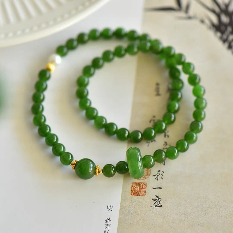 Natural Stone Green Chalcedony Hetian Jade Jasper Double Circle Bracelet Design with Jasper Running Ring Wealth Bestie Gift