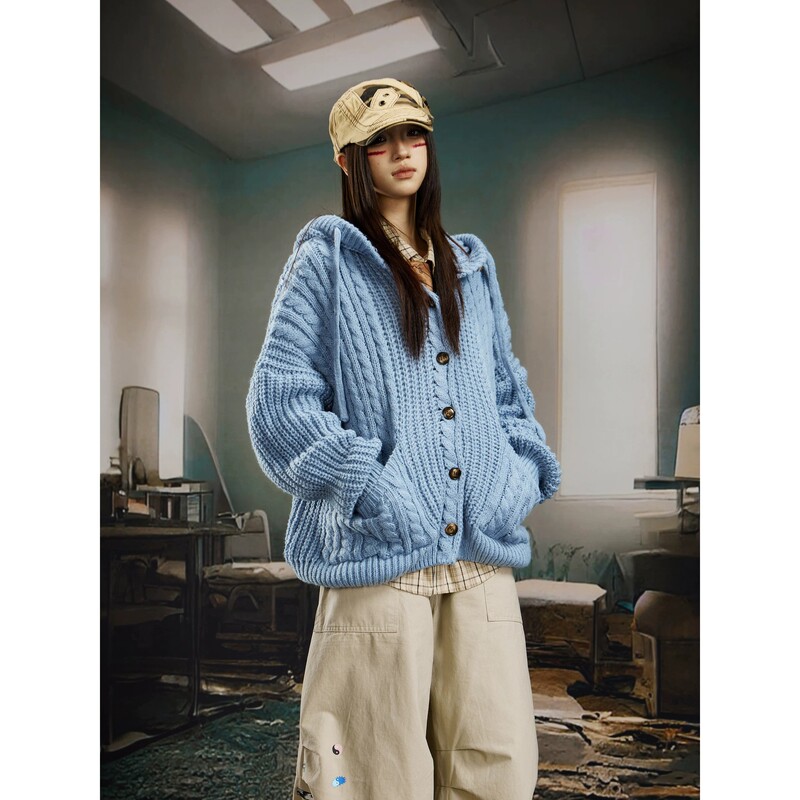 American Retro Lazy Style Soft Hooded Knit Cardigan for Men and Women, Winter Thick Cable Knit Sweater with Large Pockets American Retro Lazy Style Soft Hooded Knit Cardigan for Men and Women, Winter Thick Cable Knit Sweater with Large Pockets