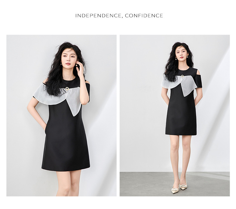 Váy liền nữ lụa phối satin organza tay ngắn thắt eo — Màu đen chi tiết 11