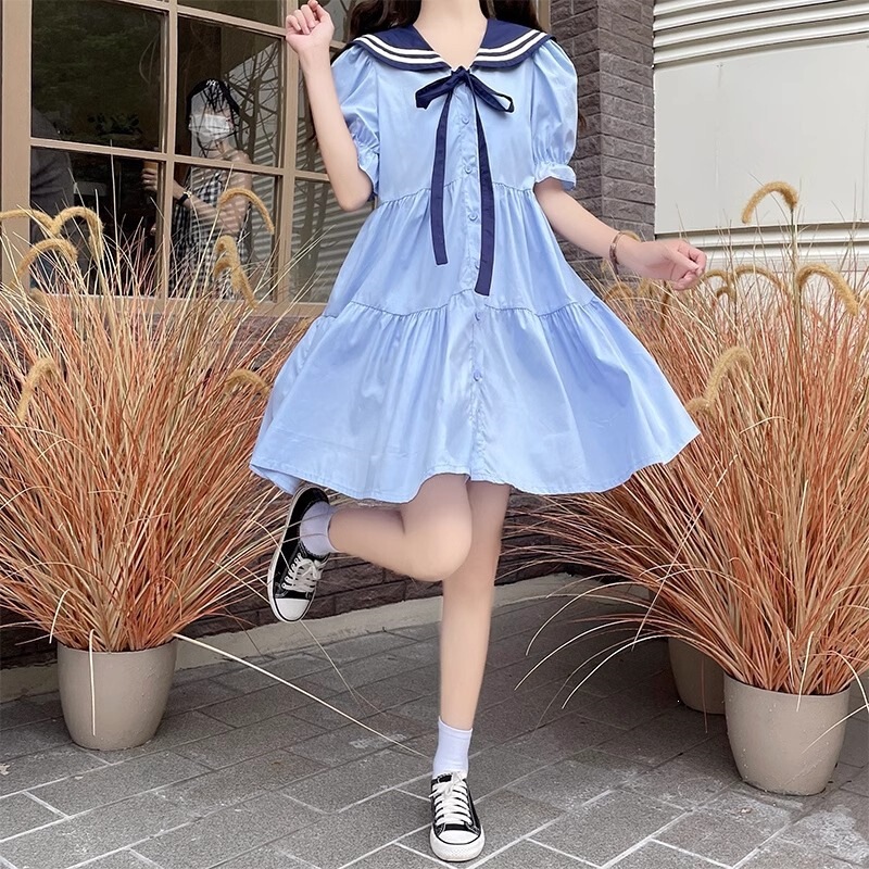 Navy Collar Dress for Women, Summer 2026 New Style, Sweet College Style, Waist-Cinching, Slimming, Niche Short-Sleeve A-Line Dress