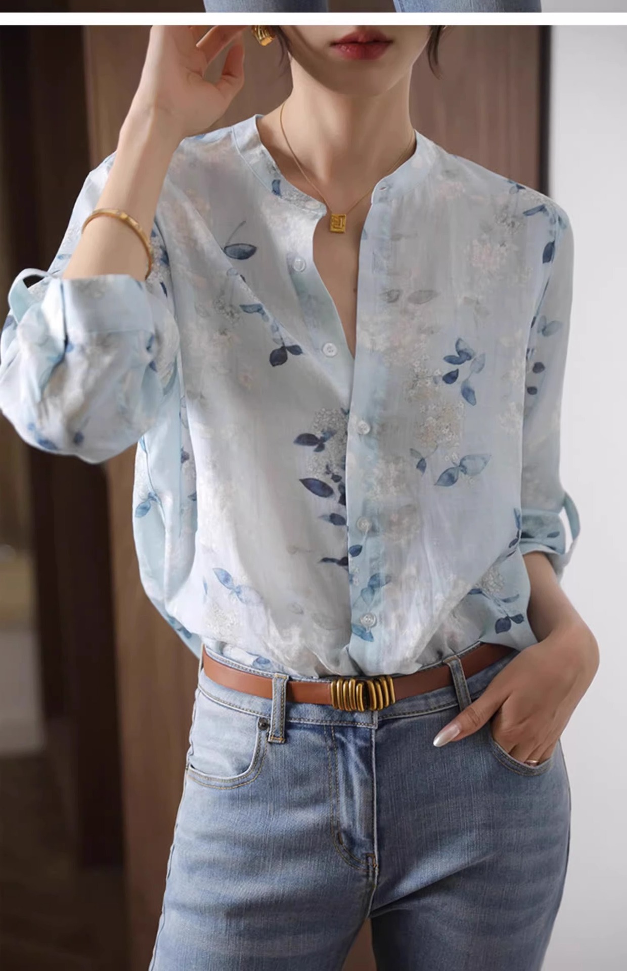 Áo sơ mi cotton in họa tiết tay lỡ nữ kiểu Chanel tôn dáng — Màu xanh da trời chi tiết 8