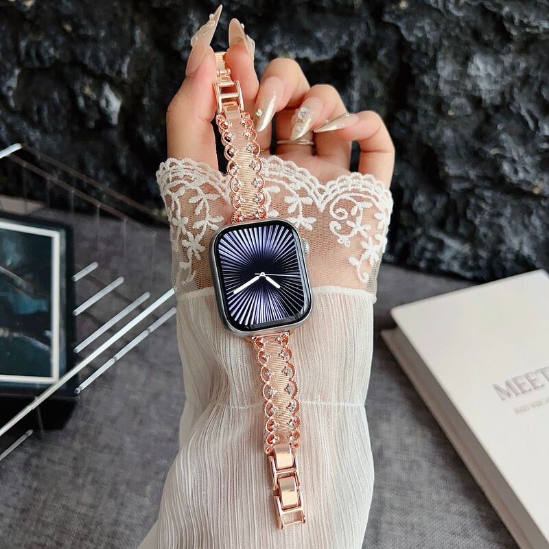 适用于AppleWatch10苹果手表iwatch9876SE蕾丝花边镶钻手镯式表带|undefined
