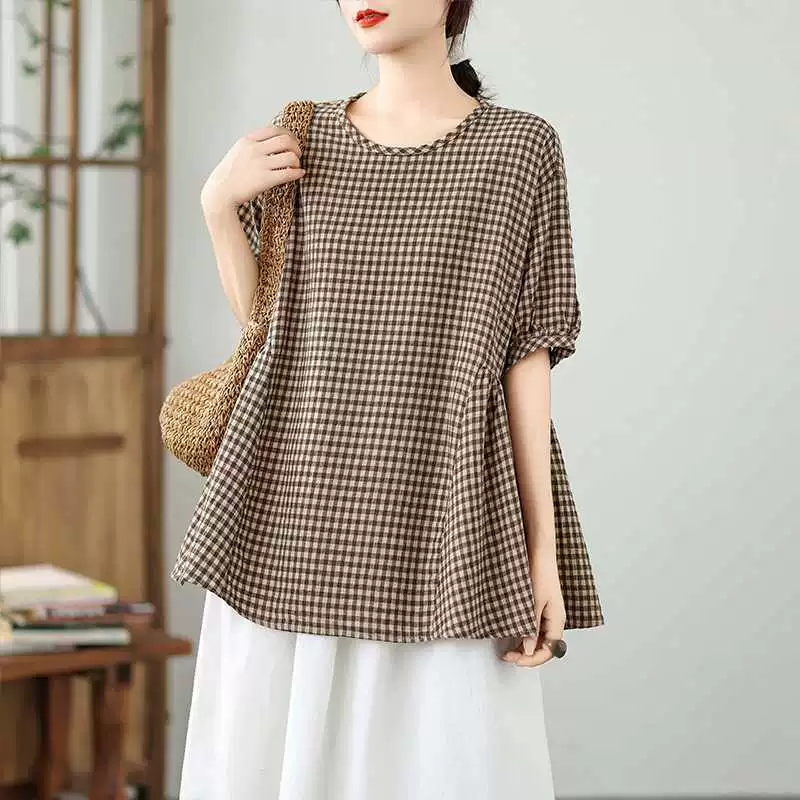 Summer doll, shirt, Korean style, plus size, cotton and linen, with short sleeve