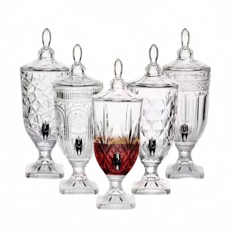 果汁缸玻璃壶浮雕水晶果汁瓶带水龙头大容量果汁罐透明冷水壶批发