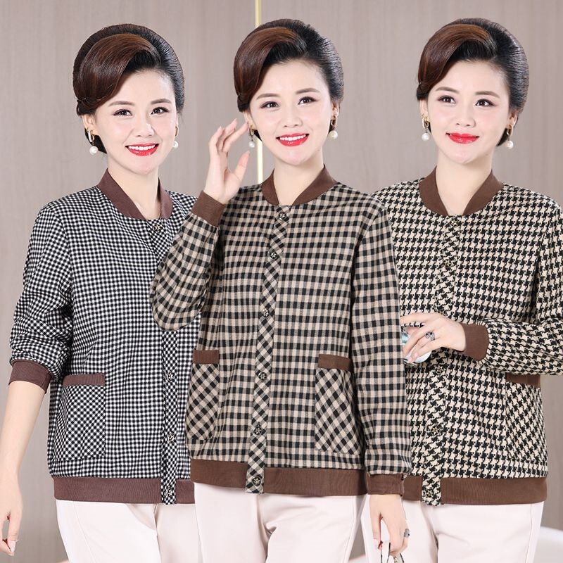New Spring and Autumn Jackets for Middle-Aged and Elderly Women, Casual Plaid Tops, Fashionable Outerwear, Stylish Mom-Style Clothing