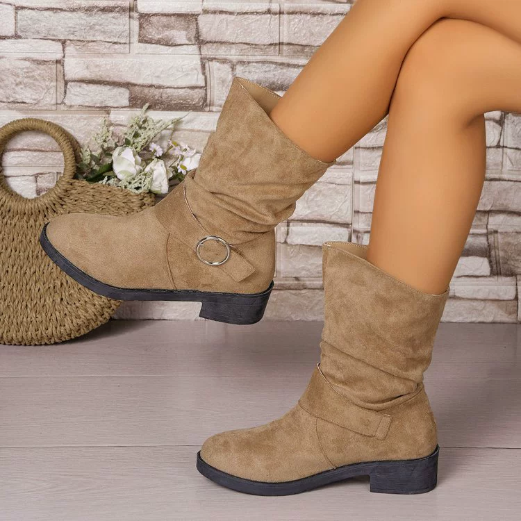 Женские ботинки из замши, большие размеры, средняя высота голенища, металлическая пряжка, тонкие, квадратный каблук, круглый носок, без колена, осень-зима 2025, оптовая торговля.