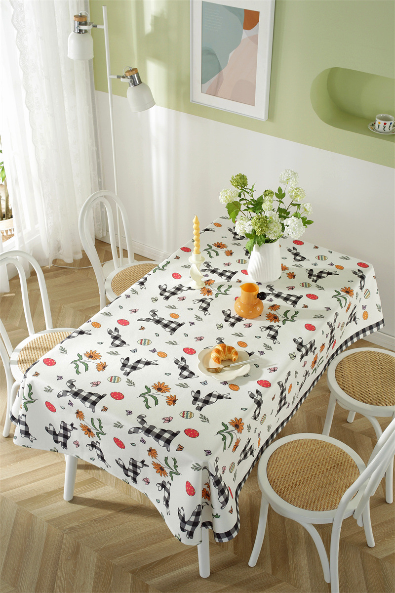 Tovaglia da caffè impermeabile in poliestere con stampa a quadri pasquali, coniglietti e fiori primaverili. Copertura per tavolo da pranzo_voghion.com