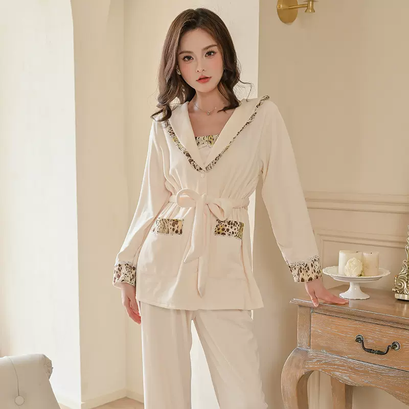 法式轻奢保暖海岛绒睡衣女秋冬高级感豹纹拼接性感家居服三件套装