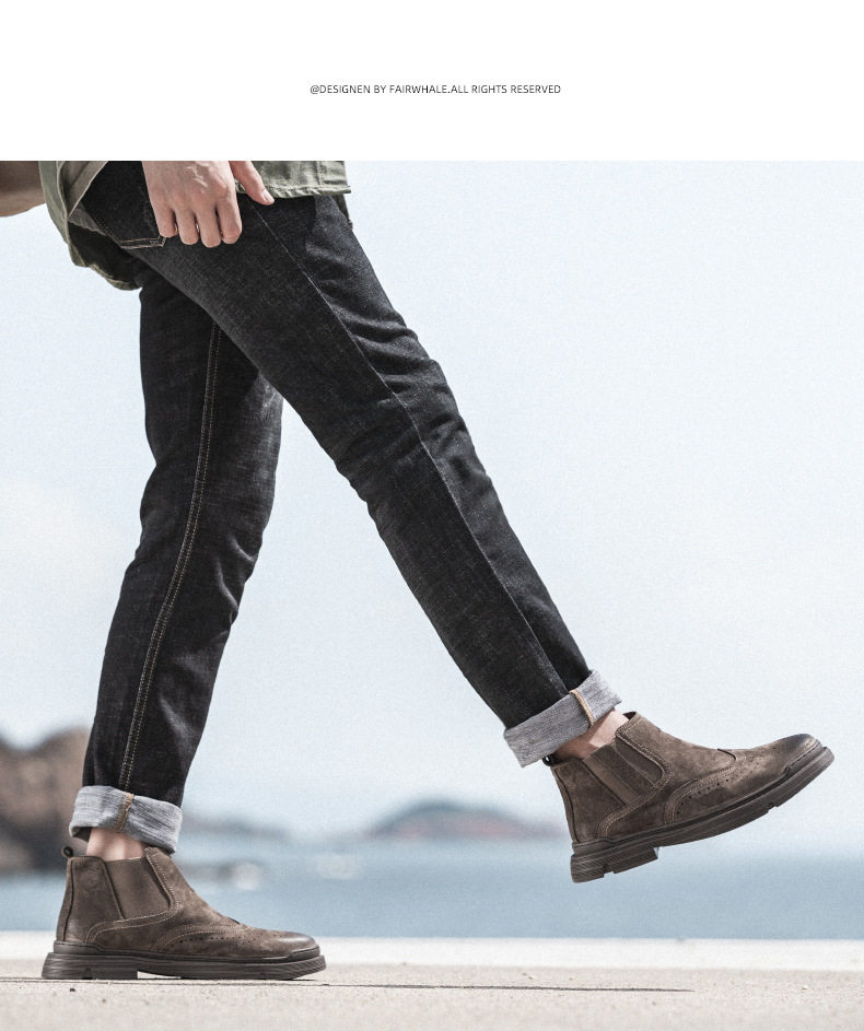 Bốt Martin nam da thật cổ thấp gót vuông 1-3 cm, bốt Chelsea lót nhung giữ ấm — 79722-R lót lông màu nâu, Màu nâu 79722 chi tiết 17